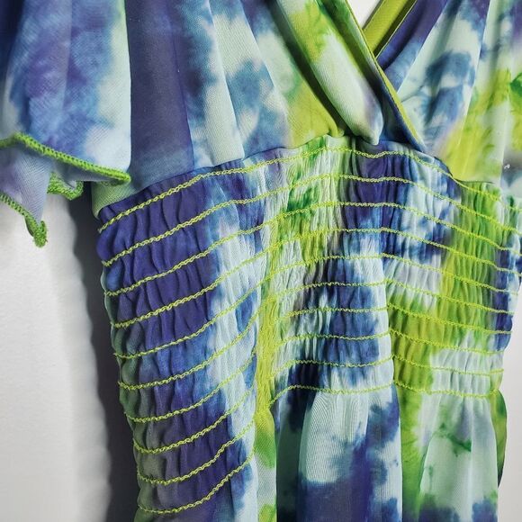 Cha Vente M Tie Dye Top Green Blue Boho V Neck - Picture 5 of 10